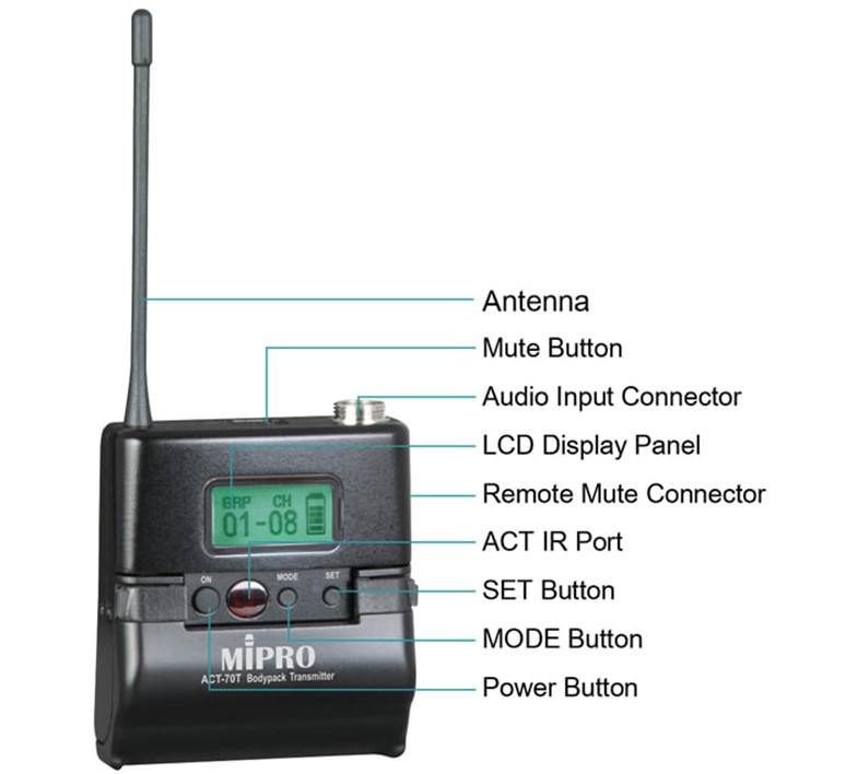 Mipro_ACT-70T_W_Bodypack_zender_met_mini_XLR_connector_metalen_behuizing_LCD_display_72MHz_10mW-50mW_2 ACT70T